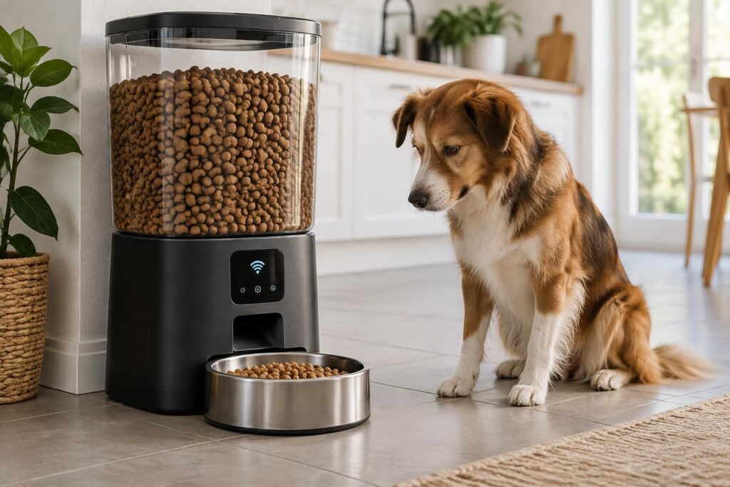 simplifiez les repas de votre chien avec un distributeur automatique programmable et grande capacité, pour des portions régulières même en votre absence.